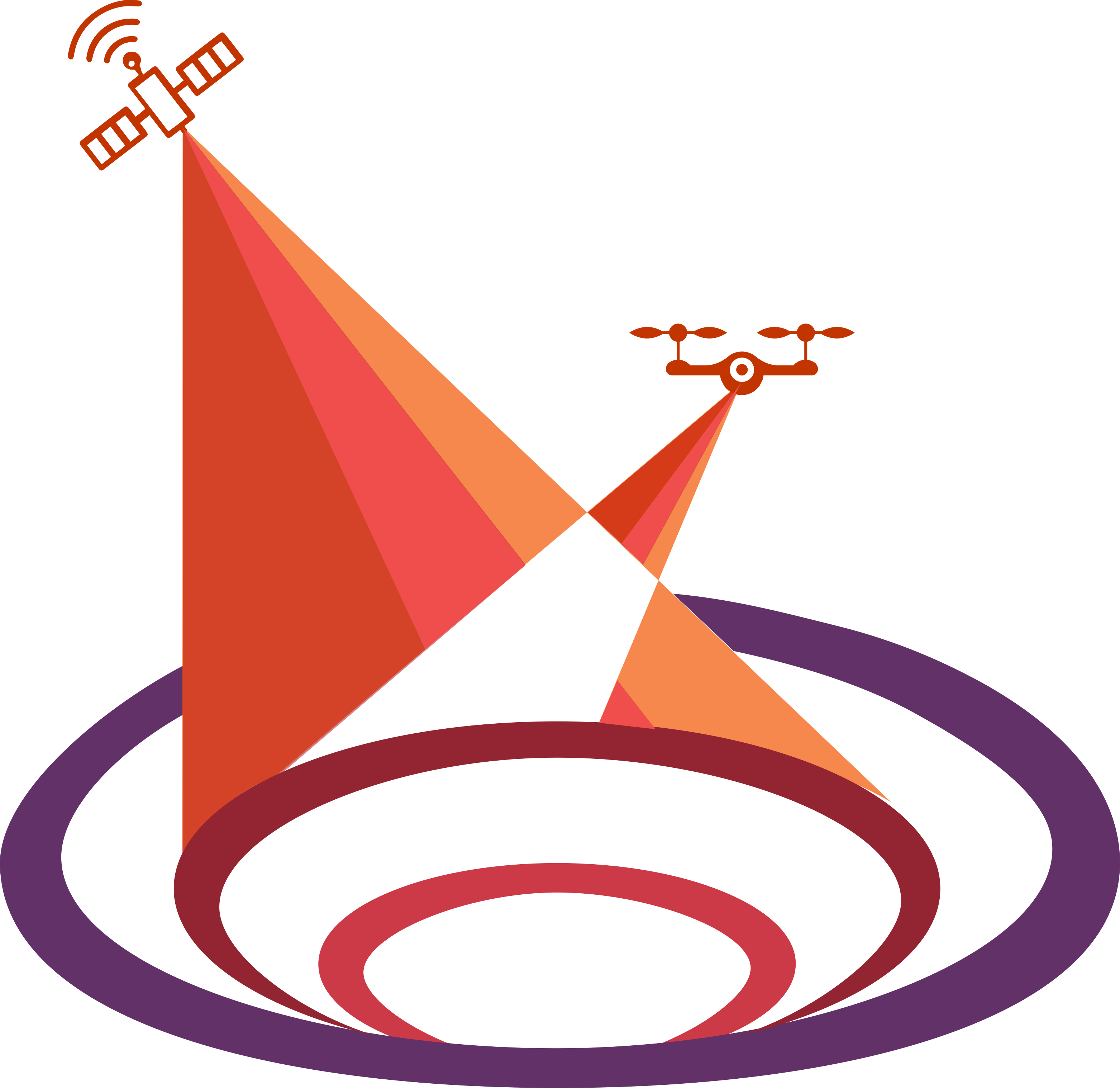 m4mining logo, a stylized satellite and drone flying above an open pit in orange, red and purple